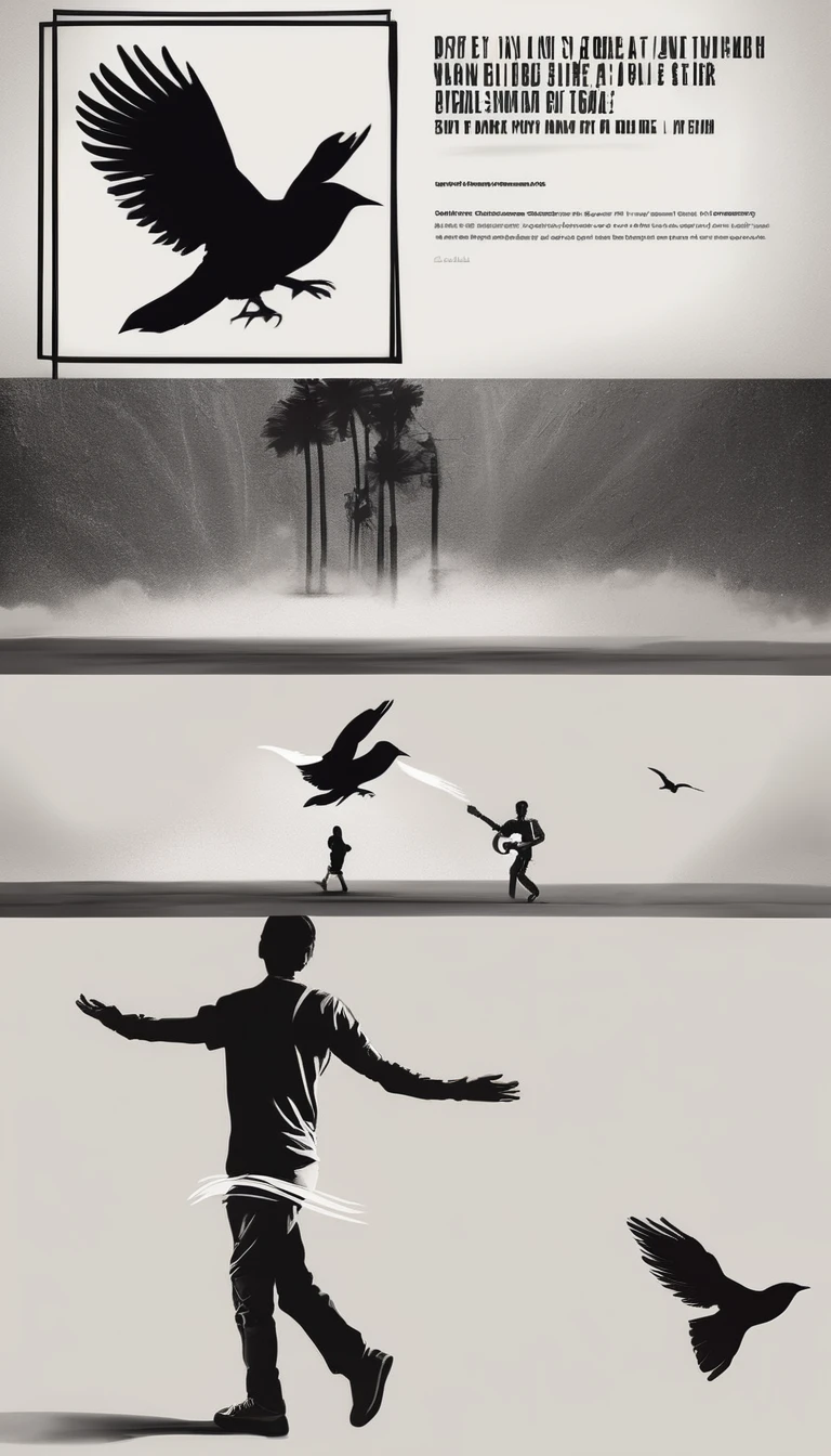 Create a modern, minimalistic logo design for a brand about music and movies. The logo must be in minimalistic style and convey a sense of storytelling. The logo is the silhouette of a boy and a bird. The boy is running with open arms, holding an acoustic guitar in the right hand and a bird feather in the left hand.