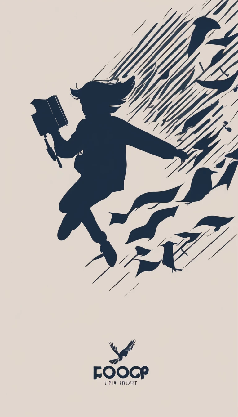 Create a modern, minimalistic logo design for a brand about music and movies. The logo must be in minimalistic style and convey a sense of storytelling. The logo is the silhouette of a boy and a bird. The boy is running with open arms, holding an acoustic guitar in the right hand and a bird feather in the left hand.