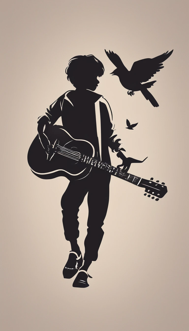 Create a modern, minimalistic logo design for a brand about music and movies. The logo must be in minimalistic style and convey a sense of storytelling. The logo is the silhouette of a boy and a bird. The boy is running with open arms, holding an acoustic guitar in the right hand and a bird feather in the left hand.