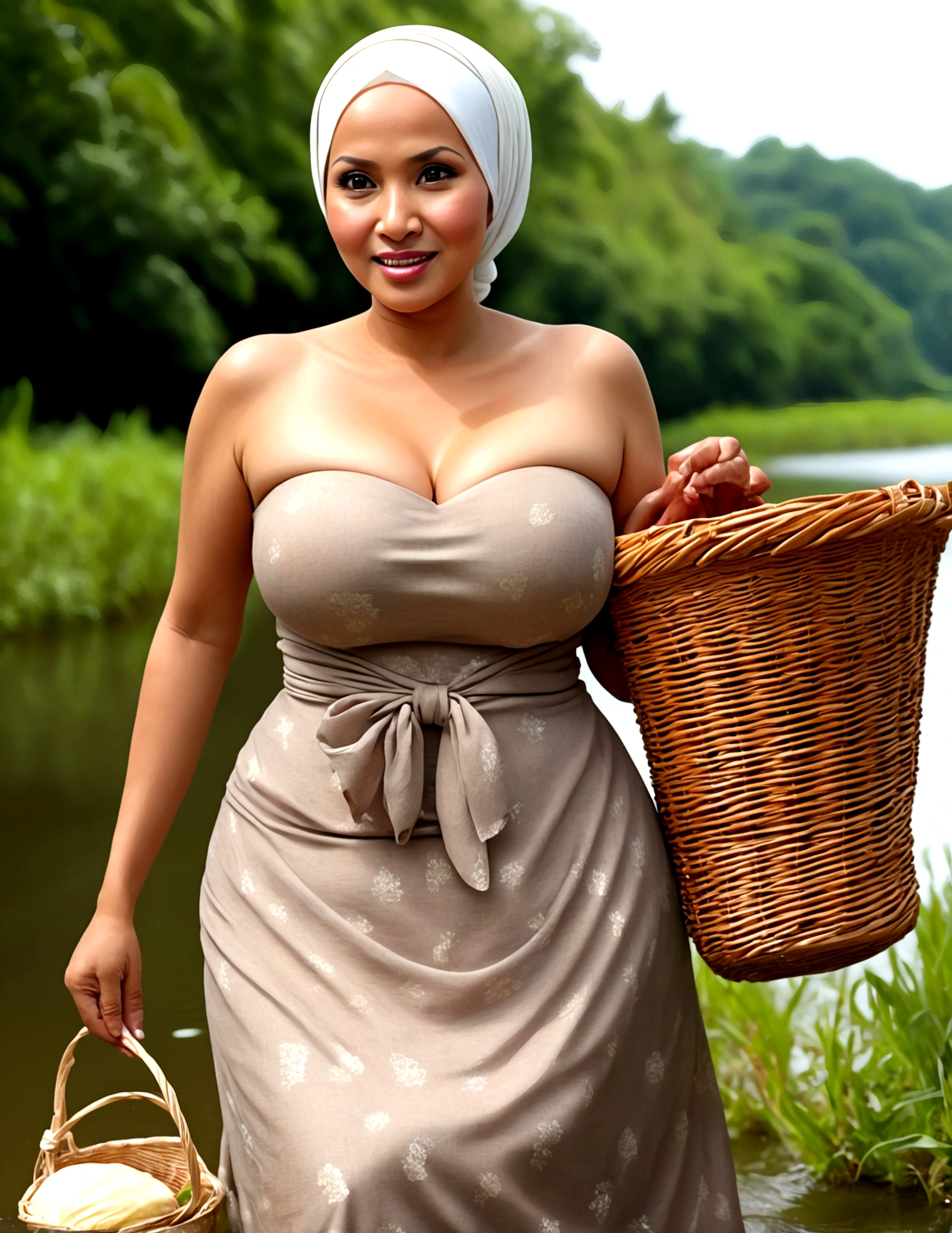 (comedy scene)Malaysian woman (age 40, hijab no hair showing, cute face, strapless dress barely covering breasts, enormous breasts, a little fat, giga breasts), embarrassed, in a large stream, fishing using a basket when dress came lose and fish thrashing in basket, show all of her
