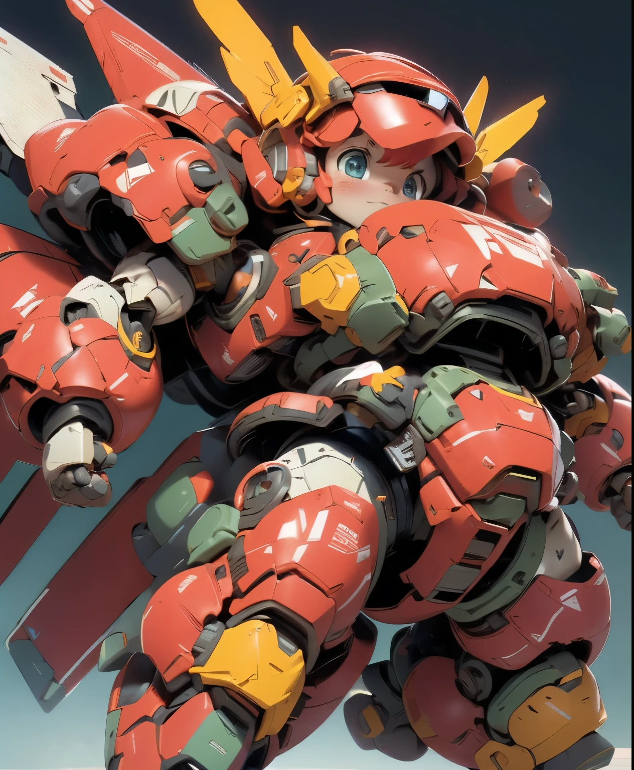 (((1 chibi girl in large red-colored robot costume, from below))), (holding weapons), (chibi), (bulky:1.8), (((helmet:1.5))), large cute face, mechanical parts, ((mechanical wings)), (full armor:1.8), (mecha armor:1.8)(shoulder guards:1.2),(huger arms), ((mechanical arms:1.5)), (short legs), (huger body:1.8), (heavy equipment:1.6), (from below), (headgear), blue sky, white clouds, robot joints, becoming a mecha, mecha, (RARS), (HRS), ROBOTANIMESTYLE, BJ_Cute_Mech,cute, girl BREAK ((masterpiece)), vibrant colors, 8k, best quality, ultra detailed illustration, ((best quality)), ((high resolution)), flawless skin textures, shiny oiled skin, extremely detailed anime eyes , extreme light and shadow