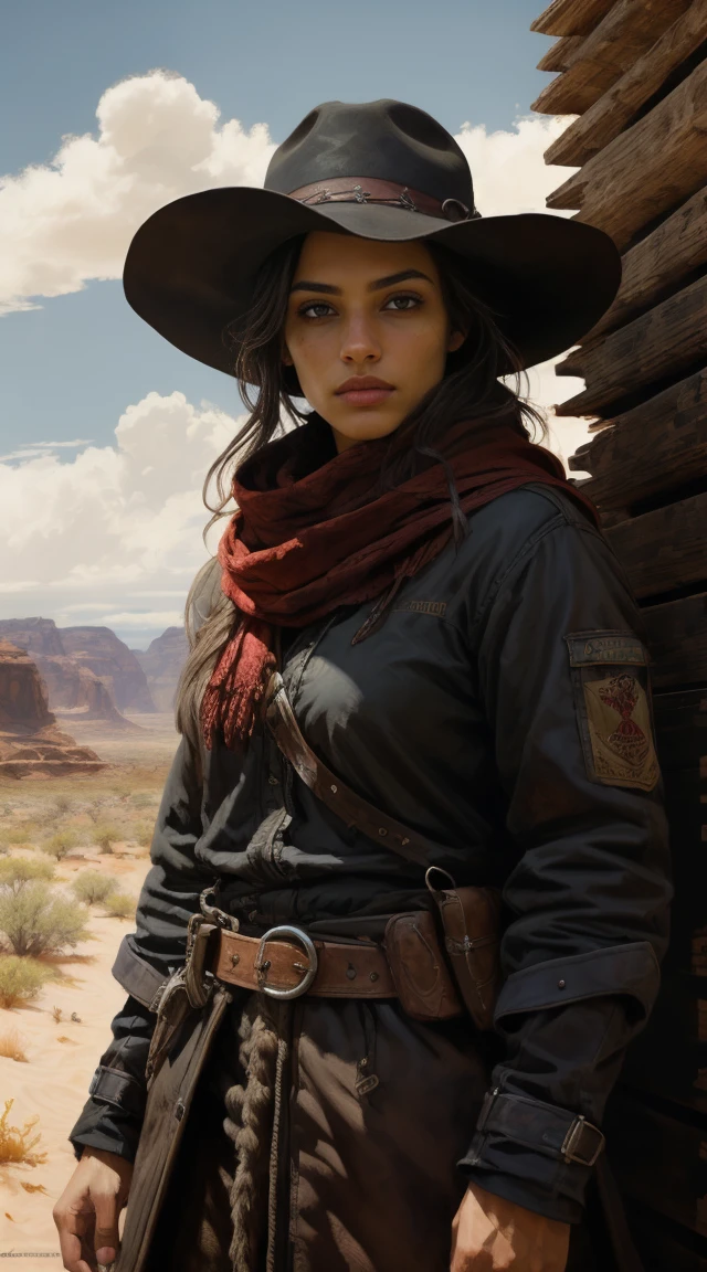 breathtaking oil painting,1girl, cowboy girl wearing long brown torn coat, red scarf, hat, bandolier, desert, sunlight, sunlight breaking through the clouds, dramatic lighting, epic and dynamic composition, vibrant colors, realistic and photorealistic style. (best quality, 4k, highres, masterpiece:1.2), ultra-detailed, HDR, studio lighting, ultra-fine painting, sharp focus, physically-based rendering, extreme detail description, professional, portraits, epic fantasy.