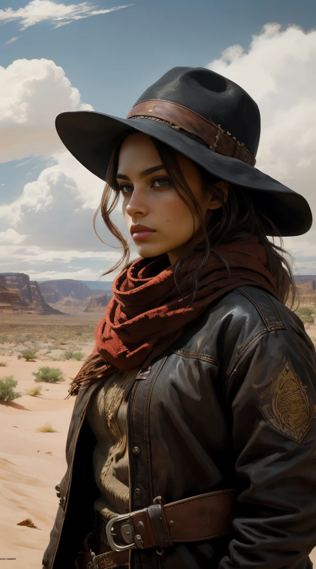 breathtaking oil painting,1girl, cowboy girl wearing long brown torn coat, red scarf, hat, bandolier, desert, sunlight, sunlight breaking through the clouds, dramatic lighting, epic and dynamic composition, vibrant colors, realistic and photorealistic style. (best quality, 4k, highres, masterpiece:1.2), ultra-detailed, HDR, studio lighting, ultra-fine painting, sharp focus, physically-based rendering, extreme detail description, professional, portraits, epic fantasy.