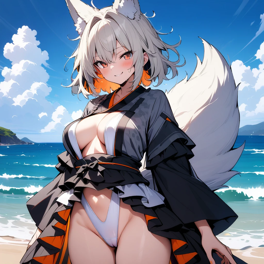 (masterpiece,best quality,very aesthetic),(disheveled hair)(ultra-detailed),high saturation,1girl,18yo,solo,curvy,short stature,a platinum blonde fox tail,large breasts,(platinum blonde fox ears),short hair,platinum blonde hair,beautiful face,(messy hair),(disheveled hair),hair intakes,(fusion of gray kimono and white slingshot swimsuit with black frills,Layered clothing with orange on both sides and black on the inside:1.2),bare legs,(cameltoe:0.8),enjoyable,alluring smile,sexy appeal,(smirk:0.8),brown foxy eyes,BREAK,ocean,wave,sandy beach,summer sky,wading,water splahing,cowboy shot