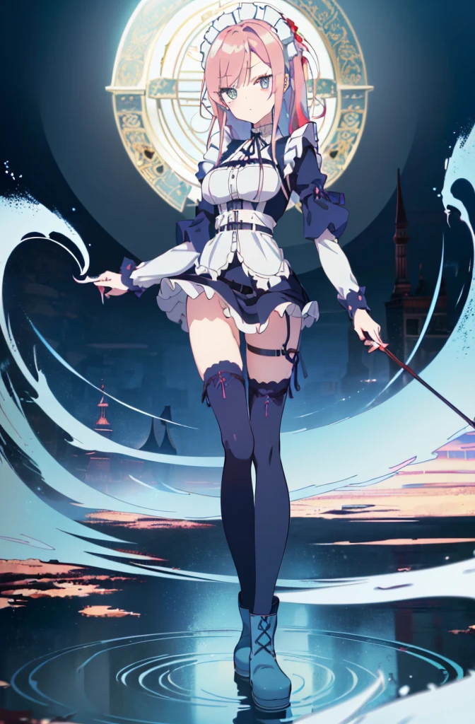 [(cathedral background:1.4)::5],original,(illustration:1.1),(best quality),(masterpiece:1.1),(extremely detailed CG unity 8k wallpaper:1.1), (colorful:0.9),(mid shot:0.95),(full body:1.5),Dynamic angle,(solo:1.2), (girl),((adult)), (detailed beautiful eyes:1.15), (beautiful face:1.15), (glowing red eyes:1.25////),((medium hair)),((split-color hair , red hair , light blue hair)),(high twintails),(chignon),(+perfect hand+:1.21),(Draw an illustration of a gothic girl),(Religious),(slender),(is wearing boots on her feet),((is wearing white maid clothes)),(furious), Lace Off-shoulder lolita fashion,beautiful slender woman,high twintails,full body,mini skirt,((split-color hair , red hair , light blue hair)),