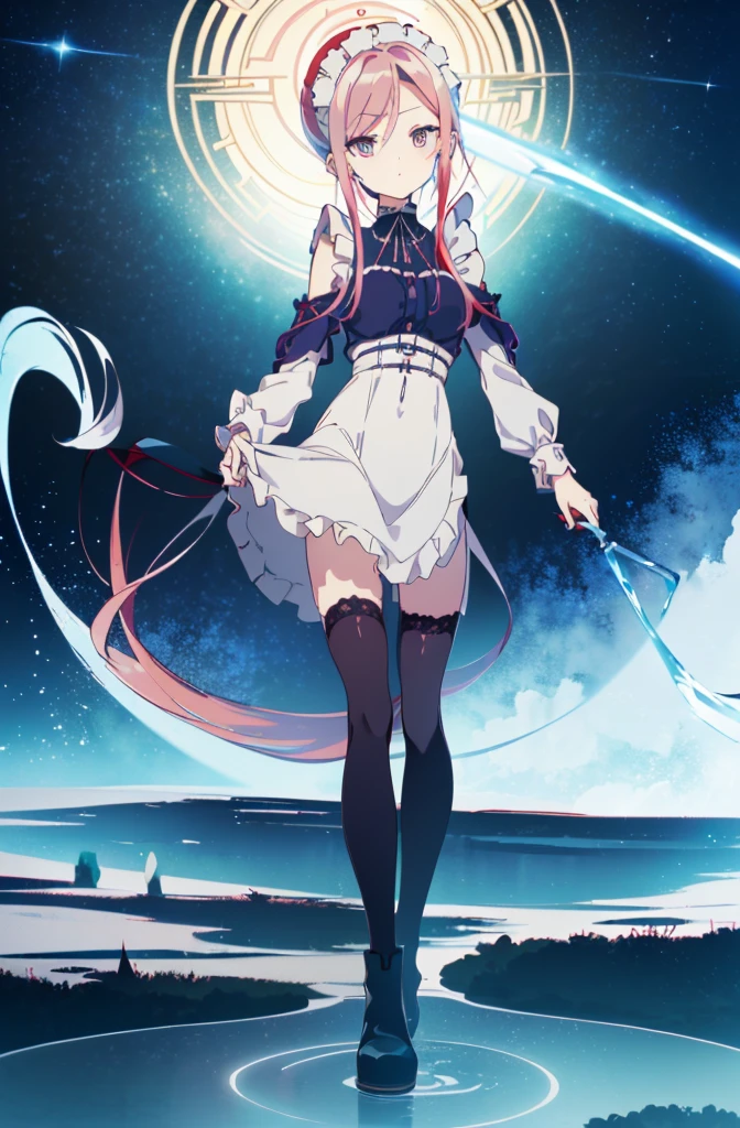 [(cathedral background:1.4)::5],original,(illustration:1.1),(best quality),(masterpiece:1.1),(extremely detailed CG unity 8k wallpaper:1.1), (colorful:0.9),(mid shot:0.95),(full body:1.5),Dynamic angle,(solo:1.2), (girl),((adult)), (detailed beautiful eyes:1.15), (beautiful face:1.15), (glowing red eyes:1.25////),((medium hair)),((split-color hair , red hair , light blue hair)),(high twintails),(chignon),(+perfect hand+:1.21),(Draw an illustration of a gothic girl),(Religious),(slender),(is wearing boots on her feet),((is wearing white maid clothes)),(furious), Lace Off-shoulder lolita fashion,beautiful slender woman,high twintails,full body,mini skirt,((split-color hair , red hair , light blue hair)),