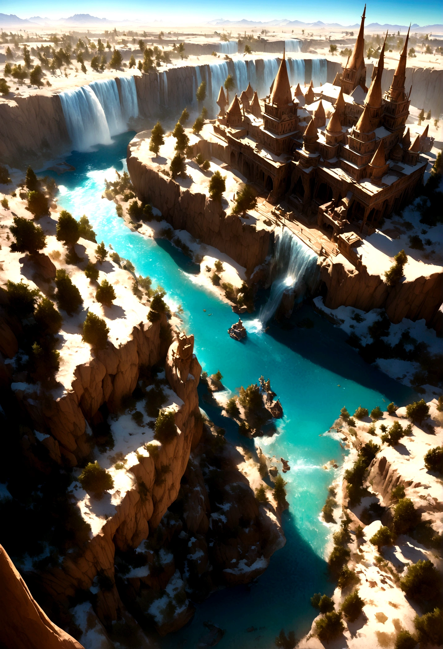 Realistic intricately detailed people wearing beautiful medieval fantasy outfits walking around the busy streets of a realistic intricately detailed sci-fi high fantasy medieval kingdom in the middle of a beautifully sunlit snow desert Oasis featuring beautiful tall canopy trees blue sky with clear white clouds and water bodies like waterfalls and streams, featuring people walking around the streets of the busy civilization : aerial view Cinematic lighting, dynamic lighting, photography, ultra HD resolution, hyperealistic quality, realistic high details 