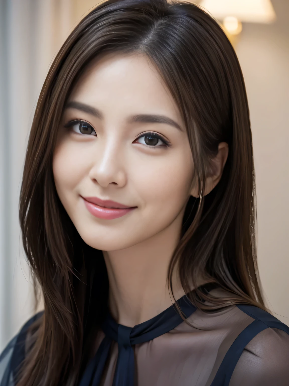 (Raw Photo), (Photorealsitic), (Masterpiece), (Best Quality), High Resolution, 8K, (Intricate Details), (Voluminous Light), Portrait, Female, 40 Years Old, Long Hair, Straight Hair , layered hair, brown hair, very fine eyes, source order, very fine eyebrows, very fine skin, very fine mouth, very fine nose, cute like an idol, happy smile, (thick lips), (looking at the viewer), (elegant transparent marine blue blouse), waist shot, Random body orientation,