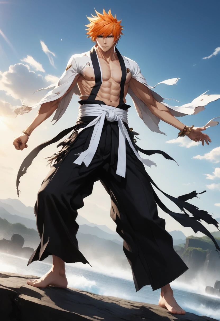 1 young boy, male focus, muscular, pectorals, Kisuke Urahara, white  kimono (open kimono, breastplate:1.4), ((black hakama:1.3)), (elsword (holding elsword:1.2), standing on top of a rock, (posture of fight:1.2), whole body ((centred)), Bare feet, plein-air, sunshine light ((screen reflection: 1.2)), (best qualityer), (ultra detali), very aesthetic, illustration, disheveled hair, perfect composition, details Intricate, ((dutch angle:1.3)), low angle shot, 