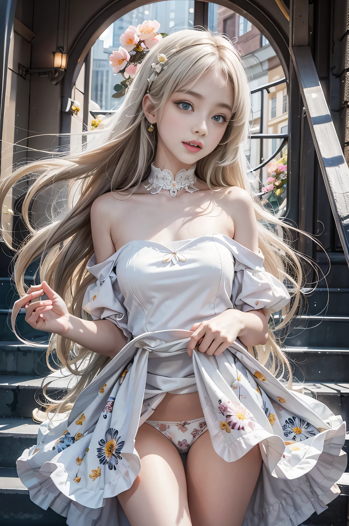 1girl in,  Long hair, Straight hair, Sparkling eyes, PUPILS SPARKLING, longeyelashes, makeup, Smile, Modern, depth of fields, One-person viewpoint, POV, close-up, Wide Shot, ((From below)), ((wide angles)), F/1.8, 135 mm, canon, nffsw, retinas, ((A girl standing in front of the theater stairs)）、 （Golden white hair）((A girl standing in front of the theater stairs)）、((posterior view))、((Looks Back)),(portlate、bright expression、Young shiny shiny white shiny skin、Best Looks、ultimate beauty girl、The most beautiful platinum blonde hair in the world、shiny light hair,、Super long silky straight hair、Beautiful bangs that shine、Glowing crystal clear attractive blue eyes、Very beautiful nice cute 16 year old girl、Lush bust、、 Silver hair, Bangs, Blunt bangs, Long straight hair, aqua eyes, longeyelashes, Solid Circle Eyes, makeup, Open mouth, blush, Parted lips, Bright pupils, smiley, Seductive smile, glint, surrealism, Modern、Black pantyhose、high-heelix４、（(Pure white dress、Floral dress、、off shoulders、up skirt: 1.6)）、Skyscrapers are hazy in the windows、((Skirt soars in the wind)),((Showing white lace panties)),((Raise the hem of the skirt with your hands))