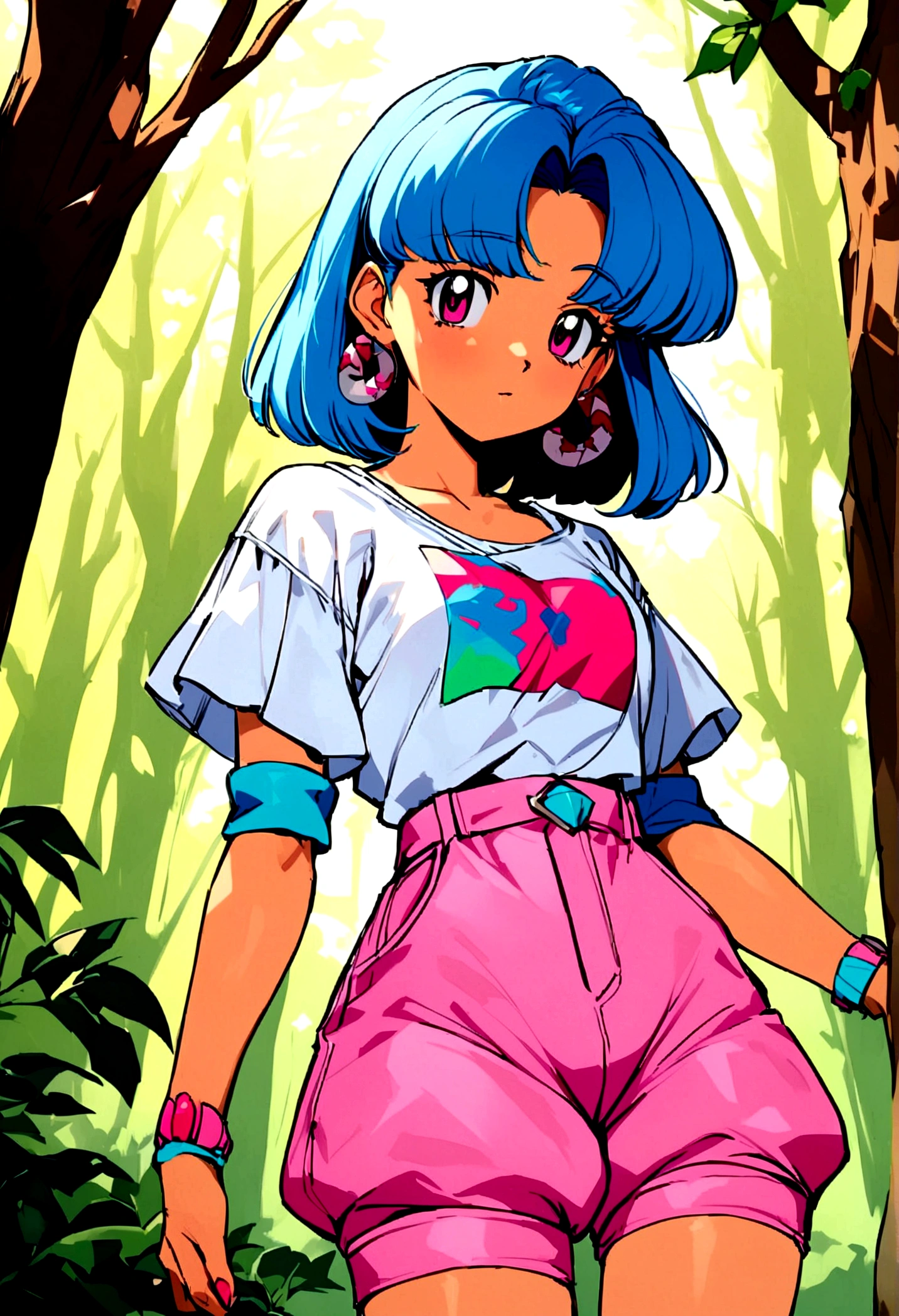 White girl , short green hair with two snakes, tight white blouse, pink baggy shorts, at the forest, style 90s, 