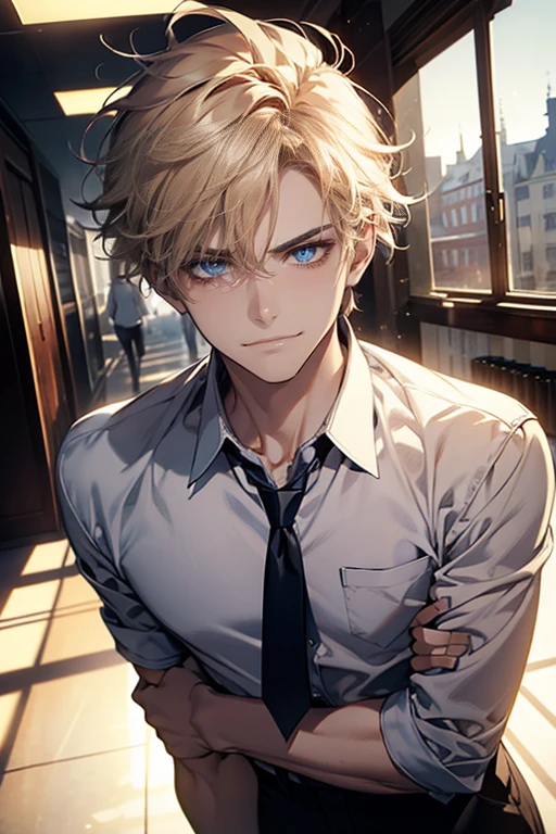 (tmasterpiece, high resolution, ultra - detailed:1.0), (1 boy, Young male, masculine face), Perfect male body, tall and strong, Adult male, Delicate eyes and delicate face, blue eyes, Extremely detailed CG, Unity 8k wallpaper, Complicated details, Detailed face, ( short blond hair, messy hair, smile in love faces, white shirts,Bad students), (frown,smile:1.3), stad in school corridor, street style, color difference, Depth of field, dramatic shadow, Ray tracing, Best quality, Cinematic lighting, offcial art,Portrait