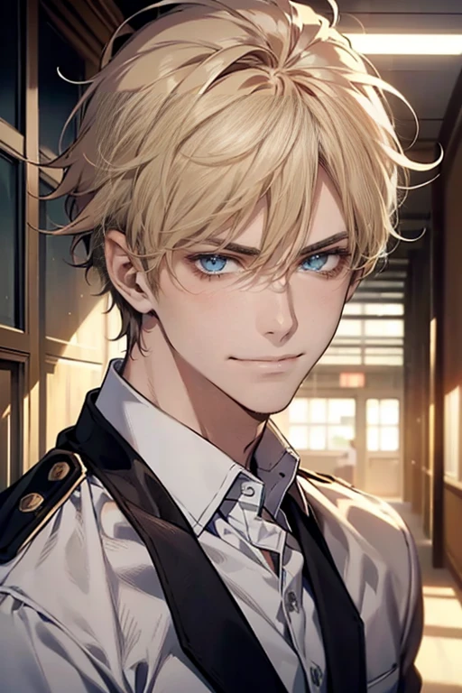 (tmasterpiece, high resolution, ultra - detailed:1.0), (1 boy, Young male, masculine face), Perfect male body, tall and strong, Adult male, Delicate eyes and delicate face, blue eyes, Extremely detailed CG, Unity 8k wallpaper, Complicated details, Detailed face, ( short blond hair, messy hair, smile in love faces, white shirts,Bad students), (frown,smile:1.3), stad in school corridor, street style, color difference, Depth of field, dramatic shadow, Ray tracing, Best quality, Cinematic lighting, offcial art,Portrait