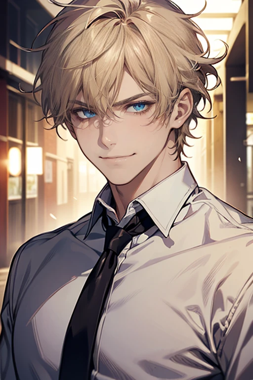 (tmasterpiece, high resolution, ultra - detailed:1.0), (1 boy, Young male, masculine face), Perfect male body, tall and strong, Adult male, Delicate eyes and delicate face, blue eyes, Extremely detailed CG, Unity 8k wallpaper, Complicated details, Detailed face, ( short blond hair, messy hair, smile in love faces, white shirts,Bad students), (frown,smile:1.3), stad in school corridor, street style, color difference, Depth of field, dramatic shadow, Ray tracing, Best quality, Cinematic lighting, offcial art,Portrait