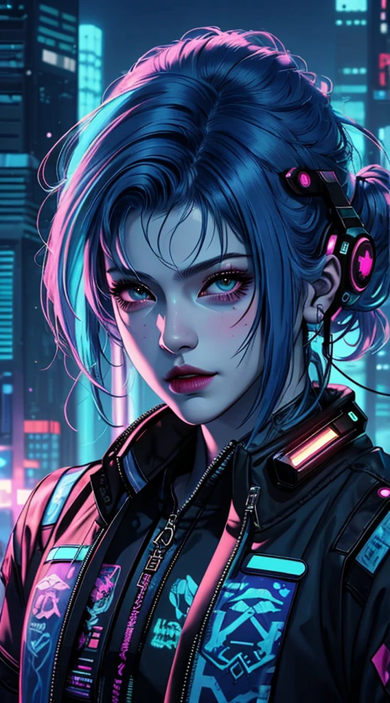there is a woman with blue hair and a jacket, hyper-realistic cyberpunk style, realistic art style, Retrato ciberpunk, 🤤 portrait of , cyberpunk artstyle, cyberpunk anime digital art, Retrato de RossDraws, garota cyberpunk sonhadora, the cyberpunk portrait of , portrait of cg society, cyberpunk style ， hyper realist, realism art style, photorealistic art style, rossdraws pastel vibrante, smiling, short shaved hair on the sides