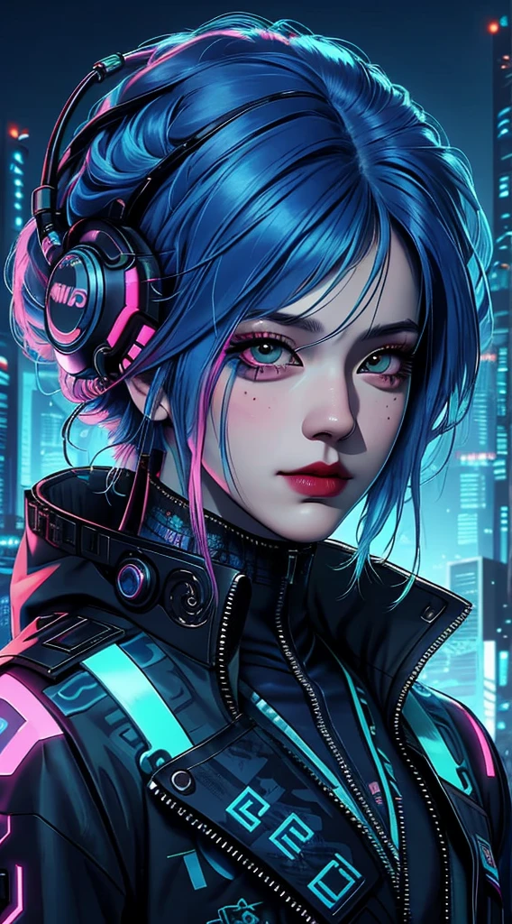 there is a woman with blue hair and a jacket, hyper-realistic cyberpunk style, realistic art style, Retrato ciberpunk, 🤤 portrait of , cyberpunk artstyle, cyberpunk anime digital art, Retrato de RossDraws, garota cyberpunk sonhadora, the cyberpunk portrait of , portrait of cg society, cyberpunk style ， hyper realist, realism art style, photorealistic art style, rossdraws pastel vibrante, smiling, short shaved hair on the sides