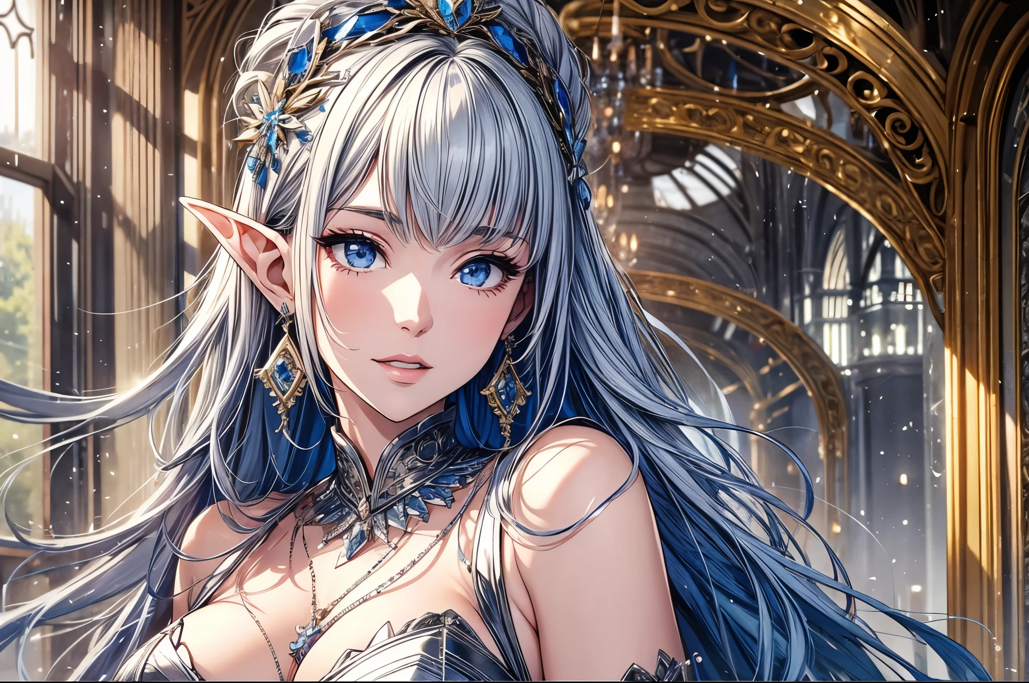 1 girl, Beautiful elf lady, begie blue Long straight hair, upturn elf pointy ears, sexy figure, charming cleavage, very beautiful face, detailed face, delicate eyes, detailed pupil, beautiful and delicate lips, pale skin, Serious, arrogant, absurd, gorgeous detailed dress, royalties, celebration, elegant, Noble, Bare shoulders, small crystal earrings, hand drawn animation, high detailed, palace banquet hall, symmetrical clothes, best quality, masterpiece, Fair,