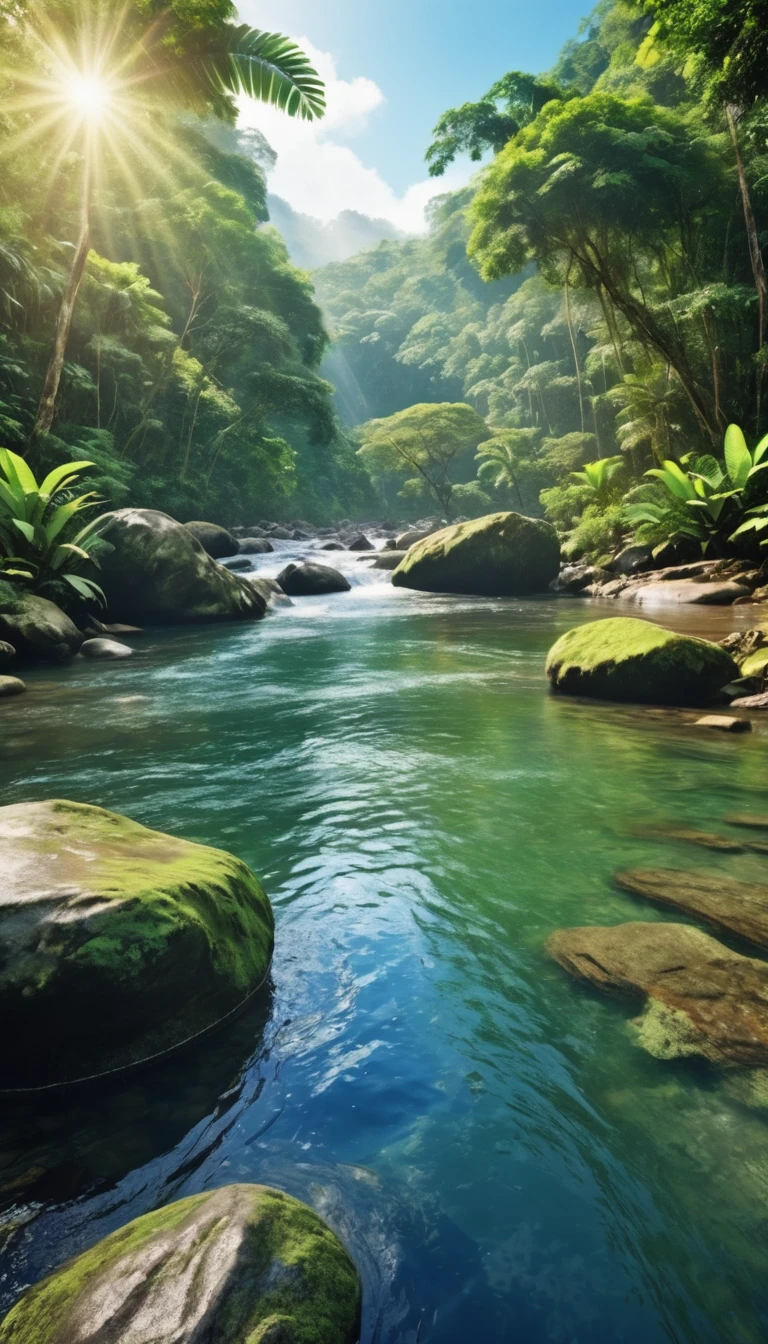 Close-up view upon A beautiful clear water river view , morning time , greeny tropical rainforests , big rock in the water stream , ultra photorealistic 