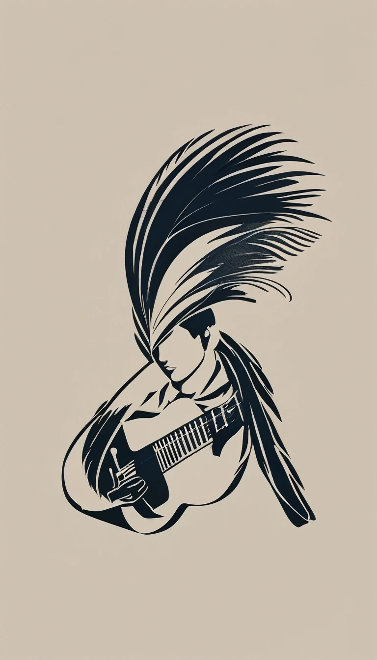A minimal, modern, simple, cinematic logo design for the brand “Penamemoria". The logotype of a boy with a head of a feather playing acoustic guitar. The logo must convey a sense of music, stories and dreams. Minimalistic logo design of a boy dissolving into a feather of dreams and memories