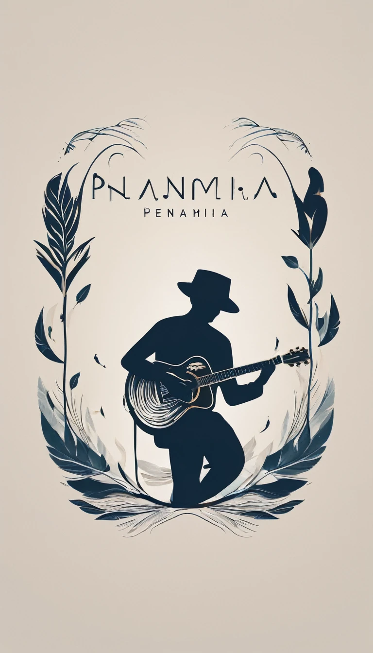 A minimal, modern, simple, cinematic logo design for the brand “Penamemoria". The logotype of a boy with a head of a feather playing acoustic guitar. The logo must convey a sense of music, stories and dreams. Minimalistic logo design of a boy dissolving into a feather of dreams and memories