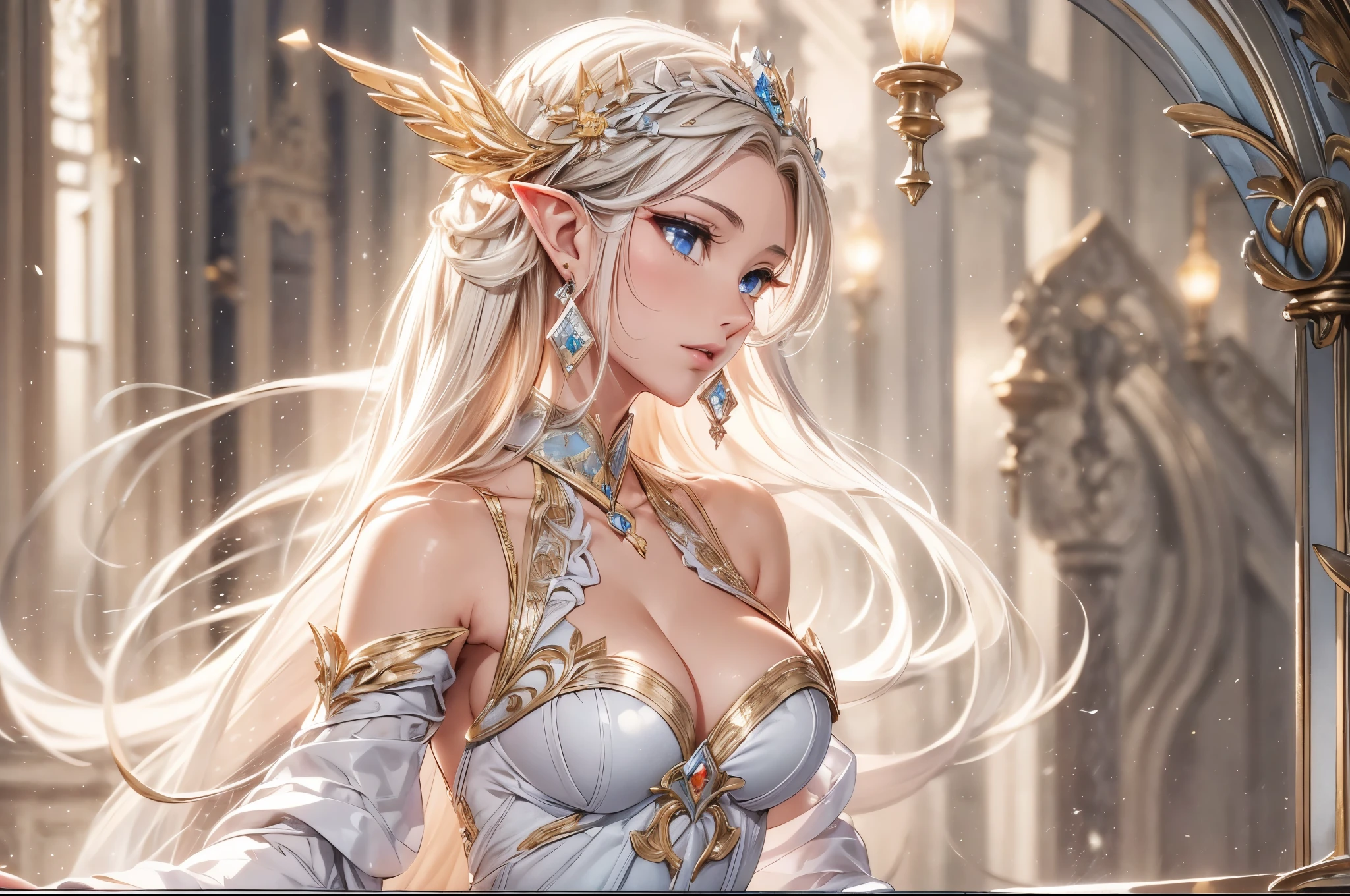 1 girl, Beautiful elf lady, begie blonde Long straight hair, upturn elf pointy ears, sexy figure, perfect breast, charming cleavage, very beautiful face, detailed face, delicate eyes, detailed pupil, beautiful and delicate lips, pale skin, Serious, arrogant, absurd, White gorgeous detailed dress, royalties, celebration, elegant, Noble, Bare shoulders, small crystal earrings, hand drawn animation, high detailed, palace banquet hall, symmetrical clothes, best quality, masterpiece, Fair, Octane Render