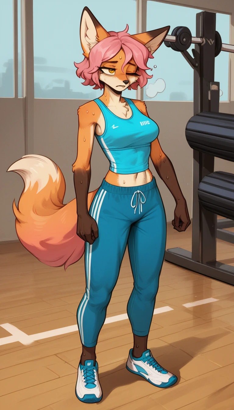 Half-closed eyes, tired expression, 1girl, anthro, furry, fur, fluffy fur, fox girl, thight sport pants, blue pants, gym background, pink hair, yellow eyes, blue sleeveless shirt, sport shirt, short hair, full body, (19 years), medium breast, solo, (gym), one closed eye, sweating, vapor, heat, detailed, (tired), score_9, score_8_up, score_7_up, score_6_up, score_5_up, score_4_up