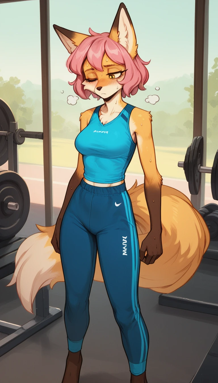 Half-closed eyes, tired expression, 1girl, anthro, furry, fur, fluffy fur, fox girl, thight sport pants, blue pants, gym background, pink hair, yellow eyes, blue sleeveless shirt, sport shirt, short hair, full body, (19 years), medium breast, solo, (gym), one closed eye, sweating, vapor, heat, detailed, (tired), score_9, score_8_up, score_7_up, score_6_up, score_5_up, score_4_up