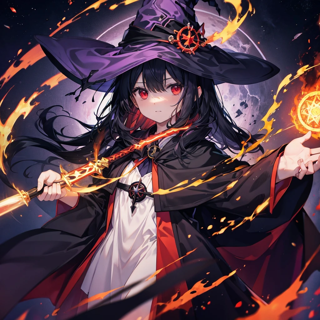 ((((witch　Lock))))　(((wand of flame　grimoire)))　((Black Hair　witchの帽子　Red eyes　smile　Looking down))　((explosion　fire))　(Magic Robe　Black Hole　despair　tears)　incantation　Runes　Shining Background　Shining Edge