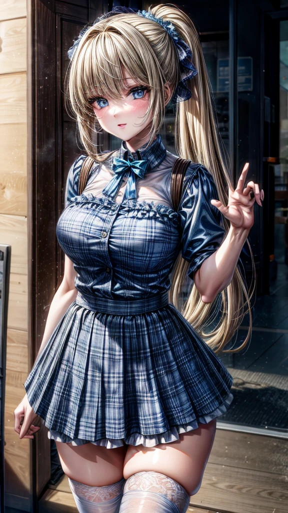 1girl,masterpiece,best quality,blonde hair,(ponytails),blue eyes,(white lace stockings),(blue plaid skirt),short skirt,standing,in full length,medium breasts,white t shirt,in front of streets,extremely detailed,[[realistic]],beautiful alluring anime ,seductive anime girl,waving skirt