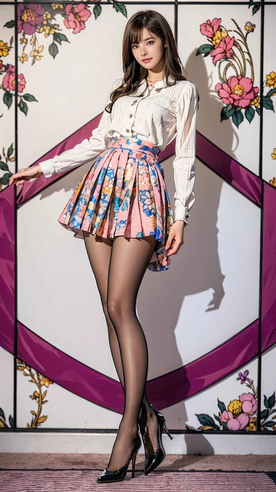 ((masterpiece)),(((Highest quality))),Thin thighs,Long legs,whole body:1.5，(One Girl:1.3),(Black pantyhose and thick pointy heels：1.3),(Wearing a mid-length flared skirt dress with a floral stripe pattern:1.2),Short blonde:1.2、Good pose：1.5