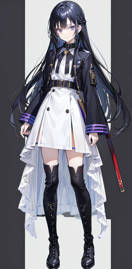 （（（Black Hair、Long Hair）、Iris、Androgynous appearance、tall、woman）、（She is wearing a military dress and lace-up long boots.）、The background is white）
