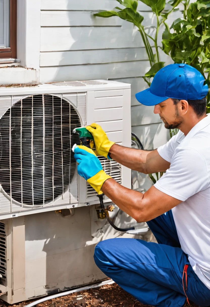 man working to clean an air conditioner. written board "Climaq Refrigeration"