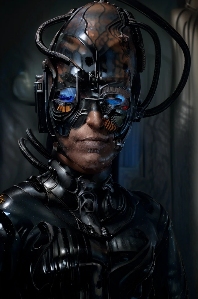 (tawny newsome:1.2), (black skin:1.2), (liquid metal girl
 sttldunf uniform:1.2), (Liquid Metal sttldunf uniform:1.2) being assimilated by  Borg, robotic, right arm, and right eye
ballgag, leather catsuit, belt, lying, prisoner, (best quality,4k,8k,highres,masterpiece:1.2),ultra-detailed,(realistic,photorealistic,photo-realistic:1.37),dark moody lighting,dramatic chiaroscuro,cinematic, (portrait:1.2)