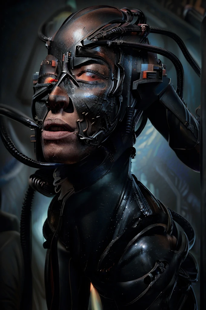 (tawny newsome:1.2), (black skin:1.2), (liquid metal girl
 sttldunf uniform:1.2), (Liquid Metal sttldunf uniform:1.2) being assimilated by  Borg, robotic, right arm, and right eye
ballgag, leather catsuit, belt, lying, prisoner, (best quality,4k,8k,highres,masterpiece:1.2),ultra-detailed,(realistic,photorealistic,photo-realistic:1.37),dark moody lighting,dramatic chiaroscuro,cinematic, (portrait:1.2)