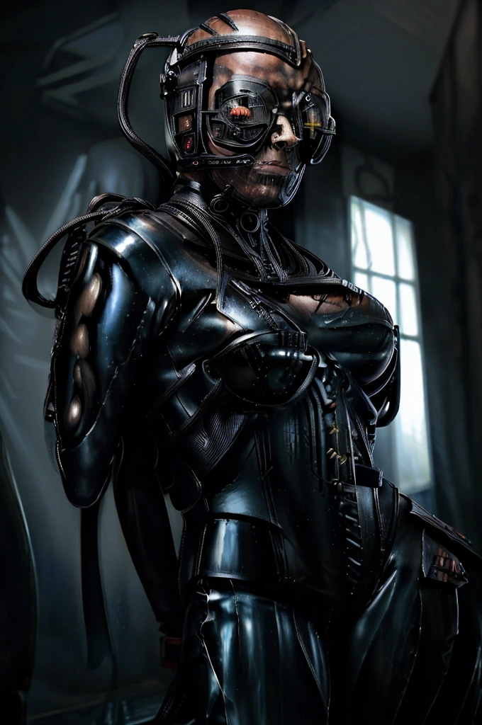 (tawny newsome:1.2), (black skin:1.2), (liquid metal girl
 sttldunf uniform:1.2), (Liquid Metal sttldunf uniform:1.2) being assimilated by  Borg, robotic, right arm, and right eye
ballgag, leather catsuit, belt, lying, prisoner, (best quality,4k,8k,highres,masterpiece:1.2),ultra-detailed,(realistic,photorealistic,photo-realistic:1.37),dark moody lighting,dramatic chiaroscuro,cinematic, (portrait:1.2)