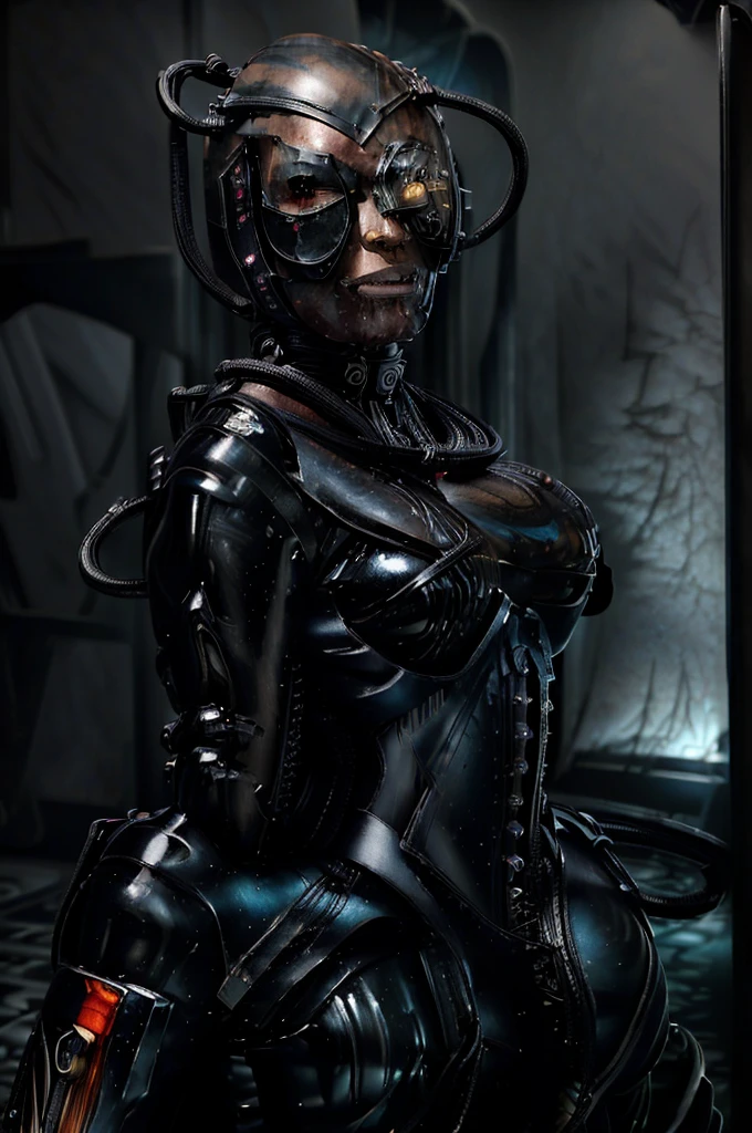 (tawny newsome:1.2), (black skin:1.2), (liquid metal girl
 sttldunf uniform:1.2), (Liquid Metal sttldunf uniform:1.2) being assimilated by  Borg, robotic, right arm, and right eye
ballgag, leather catsuit, belt, lying, prisoner, (best quality,4k,8k,highres,masterpiece:1.2),ultra-detailed,(realistic,photorealistic,photo-realistic:1.37),dark moody lighting,dramatic chiaroscuro,cinematic, (portrait:1.2)