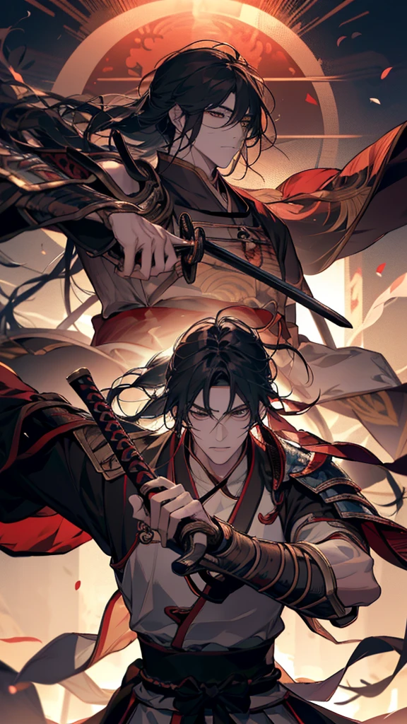Arafed image of a man holding a sword in the air, warrior warrior, warrior, Works inspired by Kano Hogai, epic warrior warrrior, warrior style, inspired by Kanō Sanraku, japanese warrior, Japanese Warrior, Ronin, miyamoto musashi, Rurouni Kenshin, Swordsman