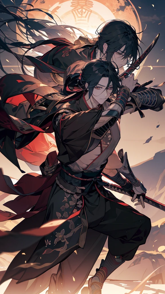 Arafed image of a man holding a sword in the air, warrior warrior, warrior, Works inspired by Kano Hogai, epic warrior warrrior, warrior style, inspired by Kanō Sanraku, japanese warrior, Japanese Warrior, Ronin, miyamoto musashi, Rurouni Kenshin, Swordsman