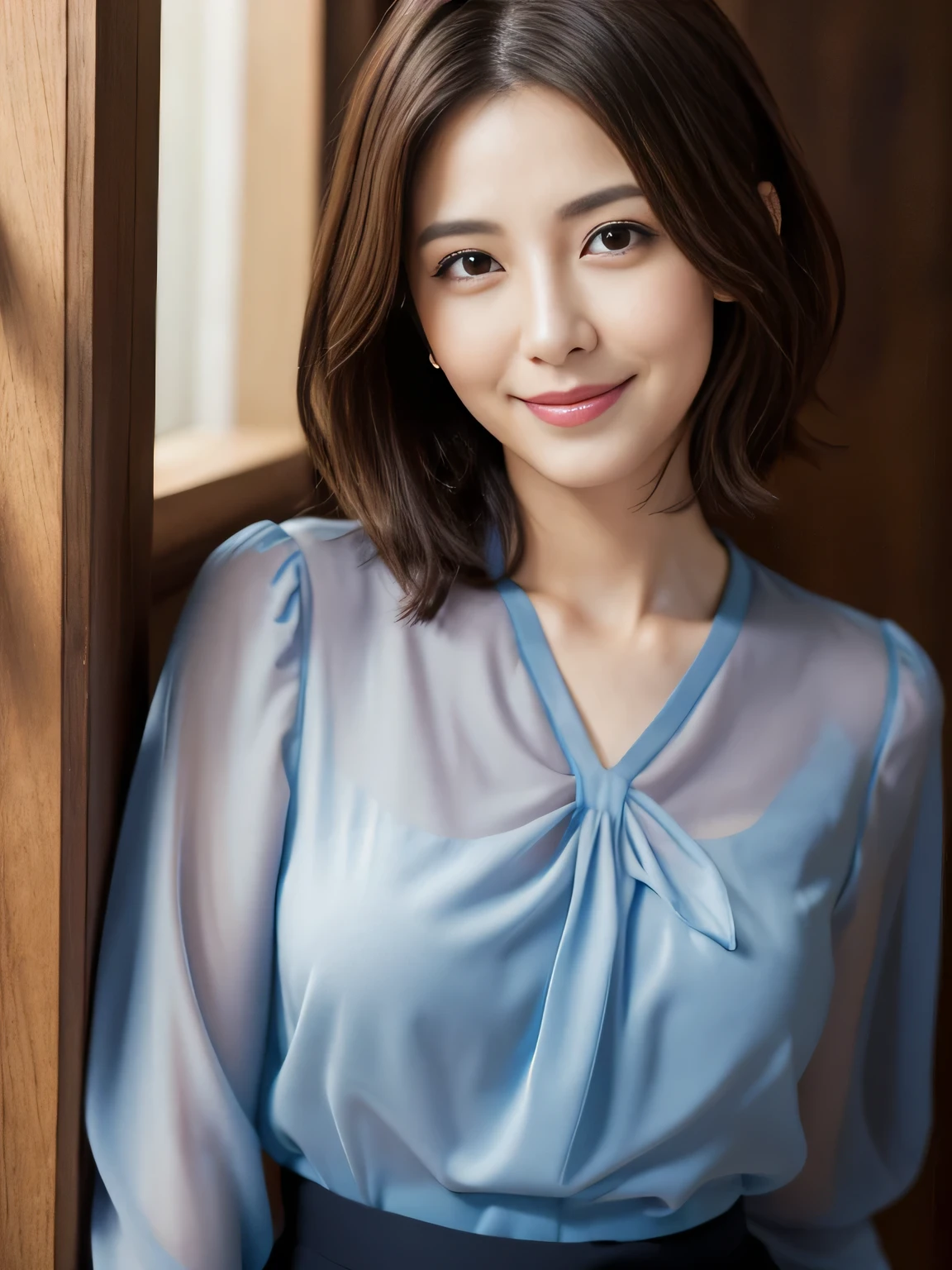 (Raw Photo), (Photorealsitic), (Masterpiece), (Best Quality), High Resolution, 8K, (Intricate Details), (Voluminous Light), Portrait, Female, 40 Years Old, Short Hair, Straight Hair , layered hair, brown hair, very fine eyes, source order, very fine eyebrows, very fine skin, very fine mouth, very fine nose, cute like an idol, happy smile, (thick lips), (looking at the viewer), (elegant transparent marine blue blouse), waist shot, Random body orientation,
