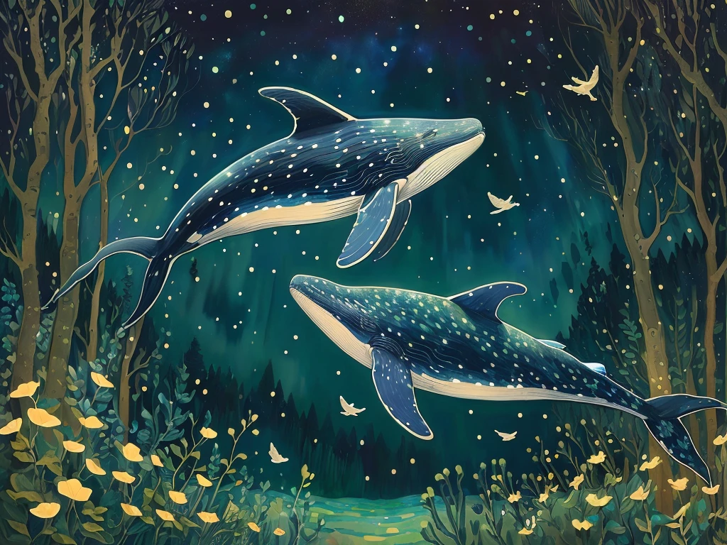 there are two song whales flying over a forest, glimmering whale, sky whales, in the starry night, under a sea of stars, high quality illustration, by Gustav Klimt