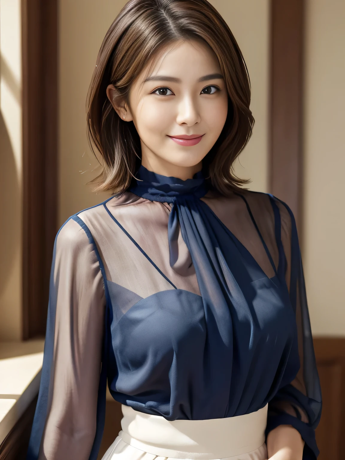 (Raw Photo), (Photorealsitic), (Masterpiece), (Best Quality), High Resolution, 8K, (Intricate Details), (Voluminous Light), Portrait, Female, 40 Years Old, Short Hair, Straight Hair , layered hair, brown hair, very fine eyes, source order, very fine eyebrows, very fine skin, very fine mouth, very fine nose, cute like an idol, happy smile, (thick lips), (looking at the viewer), (elegant transparent marine blue blouse), waist shot, Random body orientation,