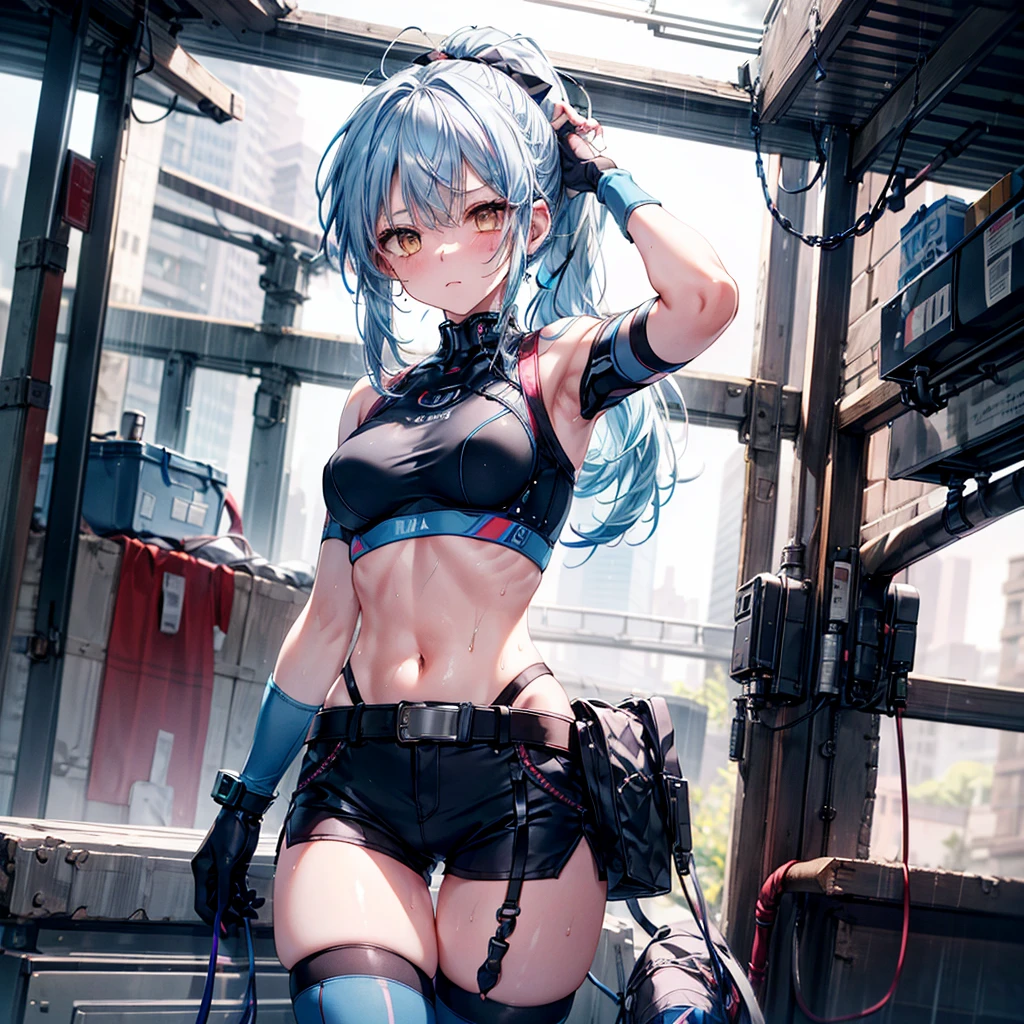 ((Highest quality,masterpiece,detailed,4K)), a girl with blue hair and a top with short sleeves holding a screw driver, 1girl, 独奏, mechanical parts, mecha body, long hair, blue hair, navel, gloves, shorts, breasts, sweat, wrench, short shorts, very long hair, underwear, panties, holding, belt, arm up, ponytail, small breasts, blurry background, gray sky, rain, looking at viewer, black gloves, sports bra, wiping sweat, bow, bare shoulders, bangs, cowboy shot, yellow eyes, midriff, hair bow, (expressionless), face focus