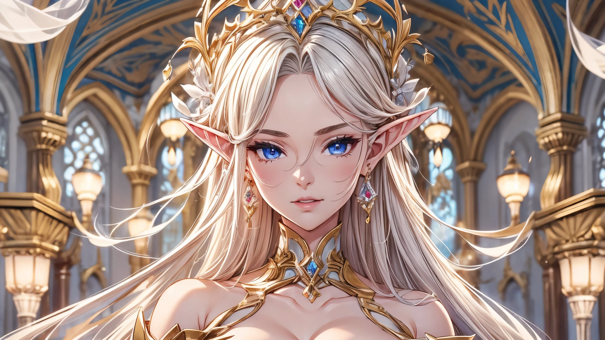 1 girl, Beautiful elf lady, begie blonde Long straight hair, upturn elf pointy ears, sexy figure, perfect breast, charming cleavage, very beautiful face, detailed face, delicate eyes, detailed pupil, beautiful and delicate lips, pale skin, Serious, arrogant, absurd, White gorgeous detailed dress, royalties, celebration, elegant, Noble, Bare shoulders, small crystal earrings, hand drawn animation, high detailed, palace banquet hall, symmetrical clothes, best quality, masterpiece, Fair, Octane Render