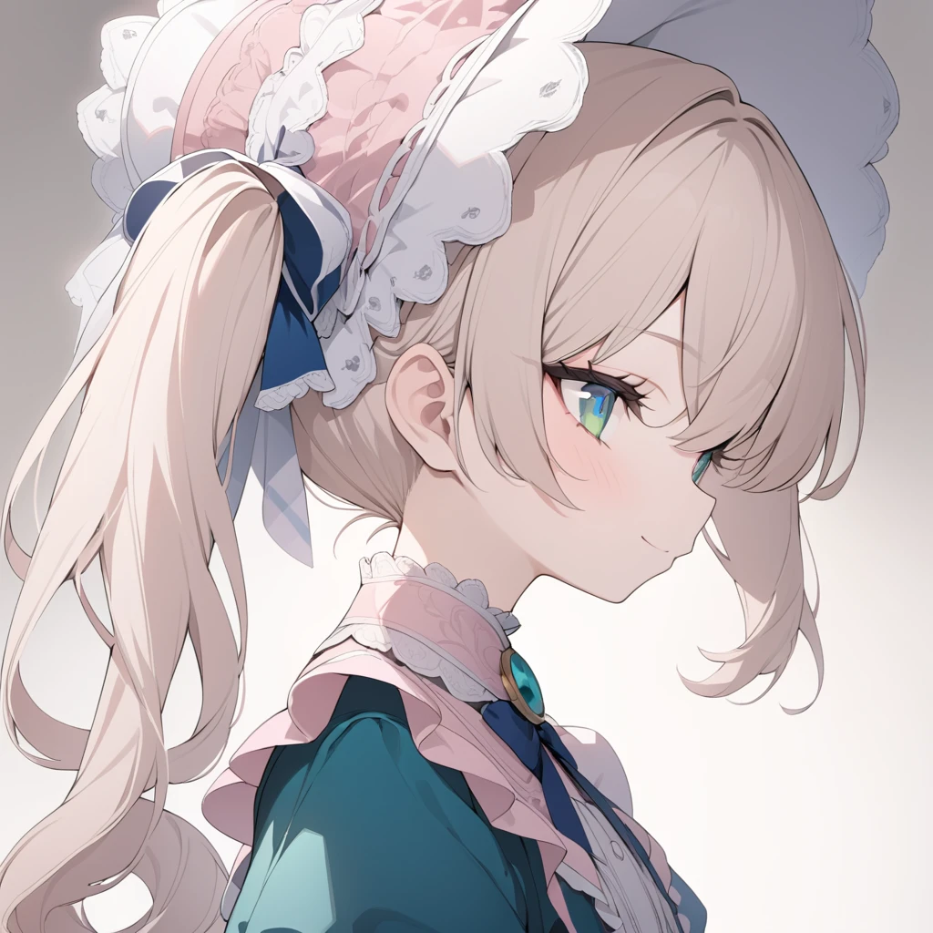 Platinum Blonde hair,curls,((emerald green eyes)),long eyelashes,((light pink victorian dress)),puffy short sleeves,pink frilled dress,((wide brimmed Bonnet with bows)),bustshot,masterpiece,highress,soft smile,bishoujo,peterpan collar,profile,white accents,white trim,white frills,curly side ponytail,solo,facing left,