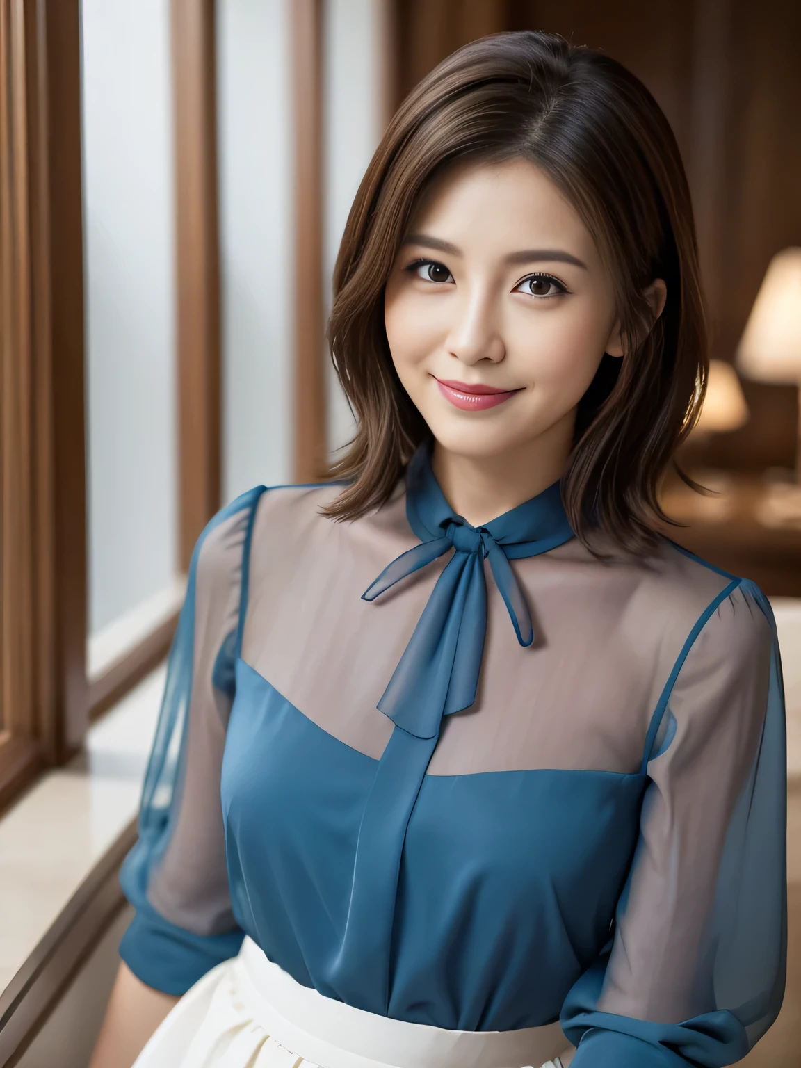 (Raw Photo), (Photorealsitic), (Masterpiece), (Best Quality), High Resolution, 8K, (Intricate Details), (Voluminous Light), Portrait, Female, 40 Years Old, Short Hair, Straight Hair , layered hair, brown hair, very fine eyes, source order, very fine eyebrows, very fine skin, very fine mouth, very fine nose, cute like an idol, happy smile, (thick lips), (looking at the viewer), (elegant transparent marine blue blouse), waist shot, Random body orientation,