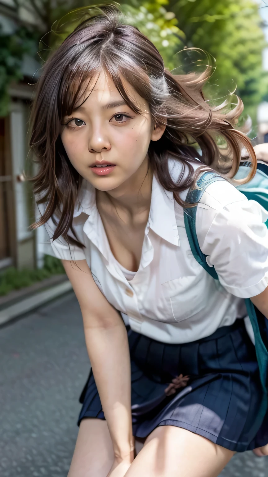 (High school girl leaning forward and lifting luggage on Tokyo street:1.2、blue sky)、((school uniform、blazer、Pleated skirt、Navy blue socks、loafers)、the wind is strong、(Realistic、Like a photograph、Live Action、8K, Realistic, RAW Photos, Best image quality: 1.4), Single-lens reflex camera、RAW Photos, Highest quality, Realistic, Highly detailed CG Unity 8K wallpaper, Written boundary depth, Cinematic Light, Lens flare, Ray Tracing, Realistic background、((ultra high density skin))、  girl on her way to school,Cute Japanese、(ＹThe buttons on her shirt are undone, exposing a small portion of her bra.:1.4、Big Breasts、The top part of the bra is visible.)、(whole body:1.5)、Super detailed face，avert your eyes:1.1、(Silver inner color hair、Straight Long Hair:1.2、My hair flutters in the wind:1.4)、I like that style、stylish、Very detailed、Pay attention to the details、Perfect outfit、(Sunburned skin)、View from above、Accurate hands、Accurate legs、Detailed hands and fingers、Anatomically correct body、Thin legs、Thin thighs、Large Breasts、Detailed bra