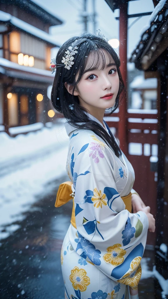 (Kimono)、(top-quality,​masterpiece:1.3,超A high resolution,),(ultra-detailliert,Caustics),(Photorealsitic:1.4,RAW shooting,)Ultra-realistic capture,A highly detailed,high-definition16Kfor human skin、 Skin texture is natural、、The skin looks healthy with an even tone、 Use natural light and color,One Woman,japanes,,kawaii,A dark-haired,Middle hair,(depth of fields、chromatic abberation、、Wide range of lighting、Natural Shading、)、、(Exterior light at night:1.4)、(Falling snow:1.2)、(Hair swaying in the wind:1)、(Light reflecting snow:1.3)