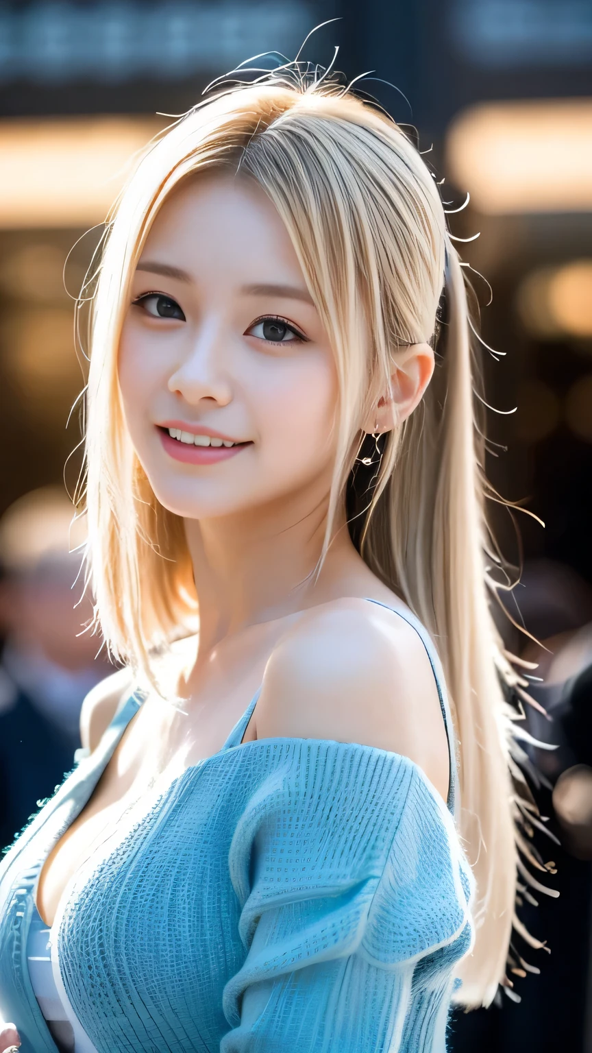 Portraiture、、Bright expression、ponytail、Young and shiny white glossy skin、Best Looks、Blonde reflection、Platinum blonde hair with dazzling highlights、Bright shiny hair,、Super long silky straight hair、Shiny beautiful bangs、Sparkling, clear, attractive big blue eyes、Very beautiful and lovely cute  girl、Bust of a Rich Man,Raise your arms,(Digression)、expensive、Esbian all over、Nogizaka idol
