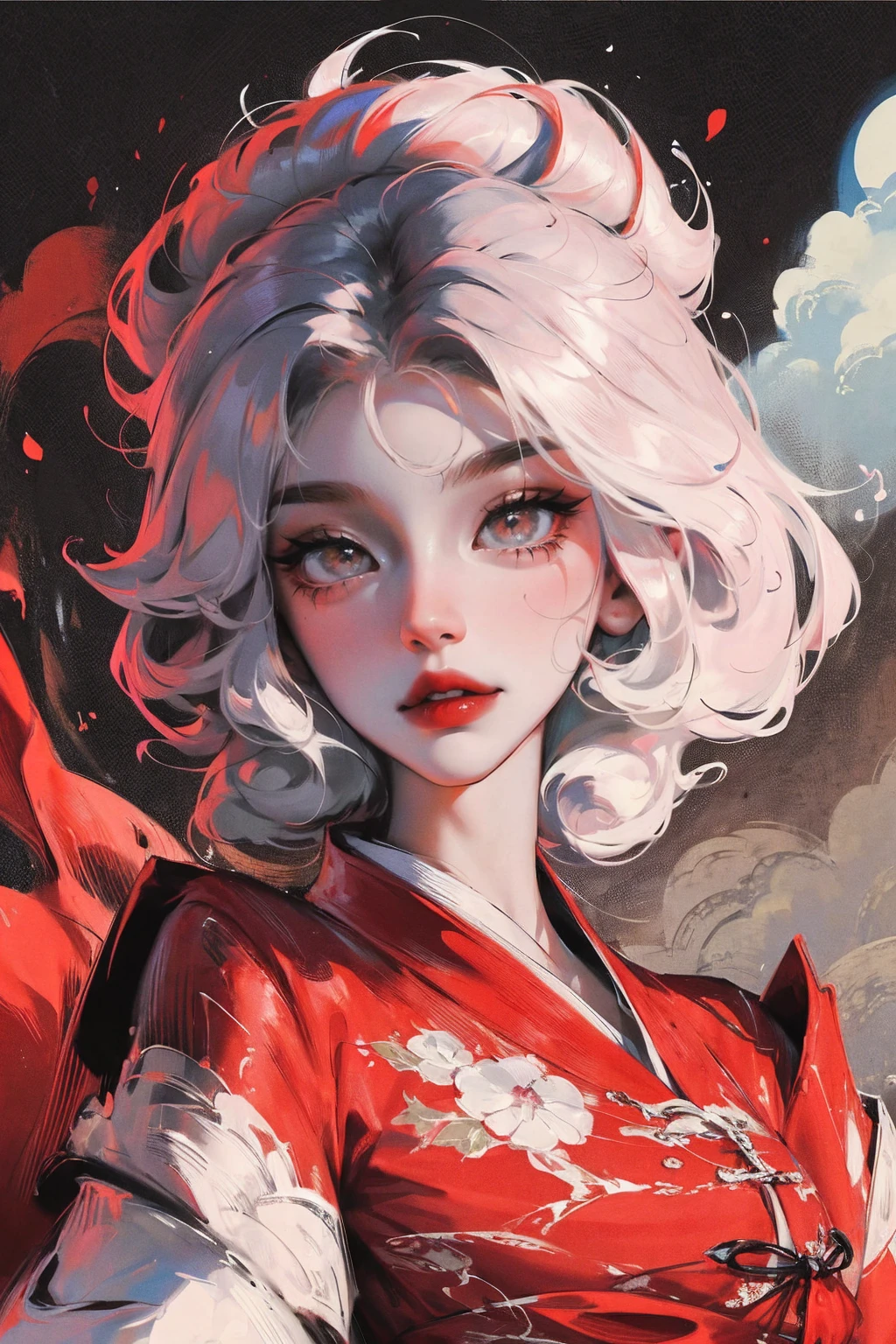 (Mythical Beast), Dynamic body shape, (Chinese Monster), Beautiful, Splattered ink, Chinese, 1 Girl, ((full body), ((2.5D)), Flowing hair, beautiful eyes, Delicate eyes, Delicate silhouette, art costume, (antique black and red brocade Hanfu), floral clothing, field of view, (masterpiece), front photo, white background, (poster), sharp, splash, cloud, petal, empty, sky, look at viwer, dinamic poses