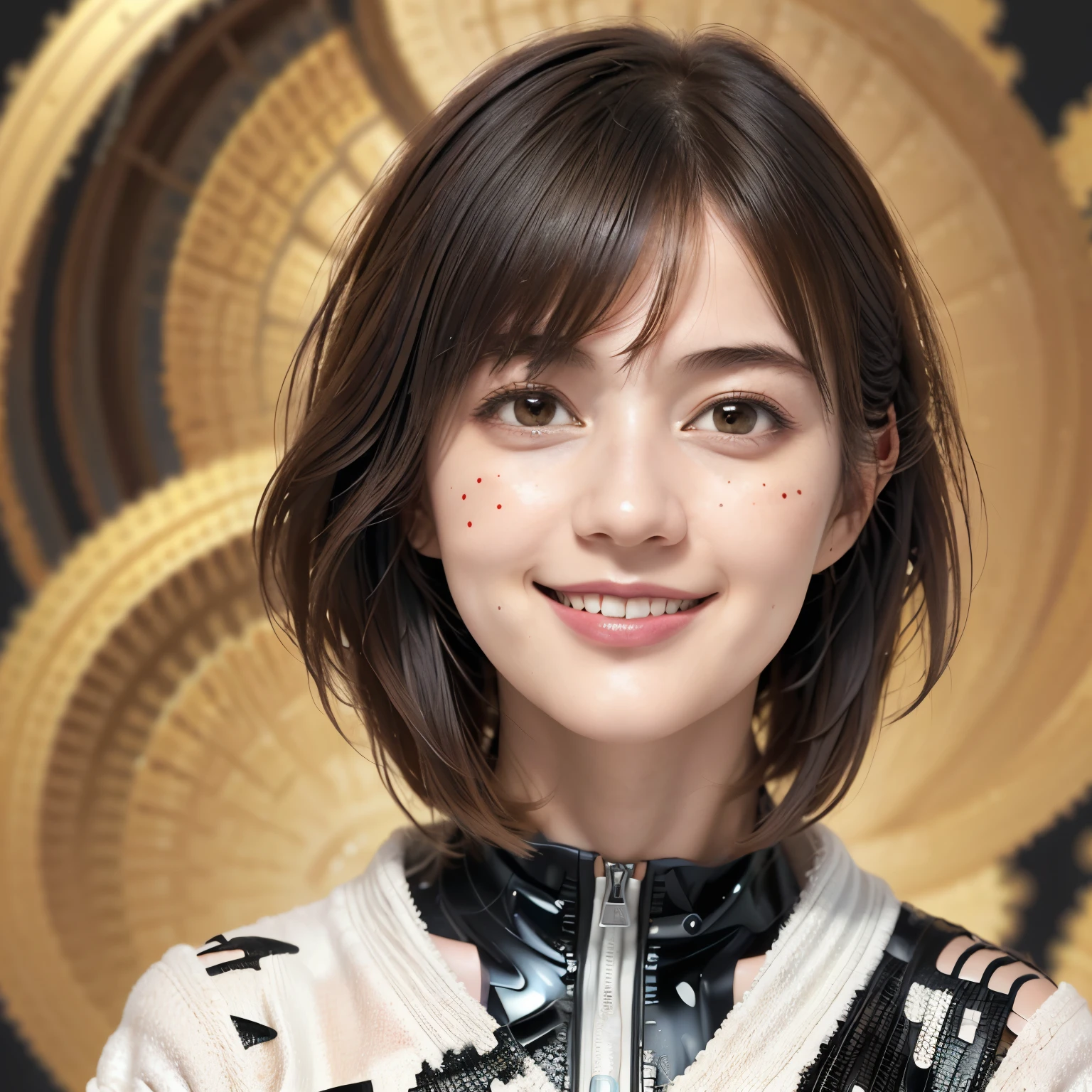 256 19-year-old female, (short hair),(Abstract background,Fractal Art:1.46), smile